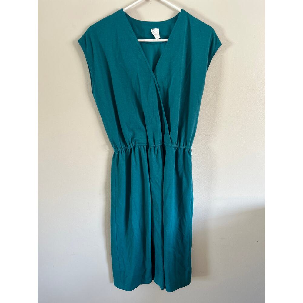 Vintage 70s Teal Midi Dress Elastic Waist Draped Sleeves Polyester Small
